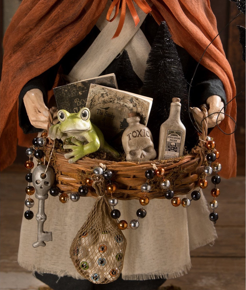Brewhilda Witch Peddler Basket Full of Halloween Decorations