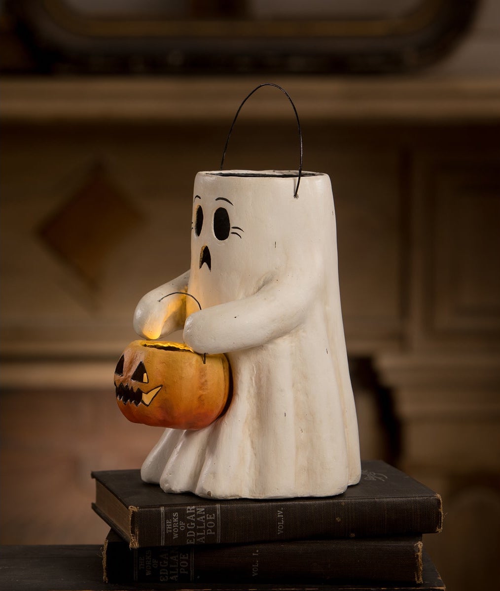 Bethany Lowe Scaredy Boo Ghost with Pumpkin Bucket, Paper Mache Halloween Buckets