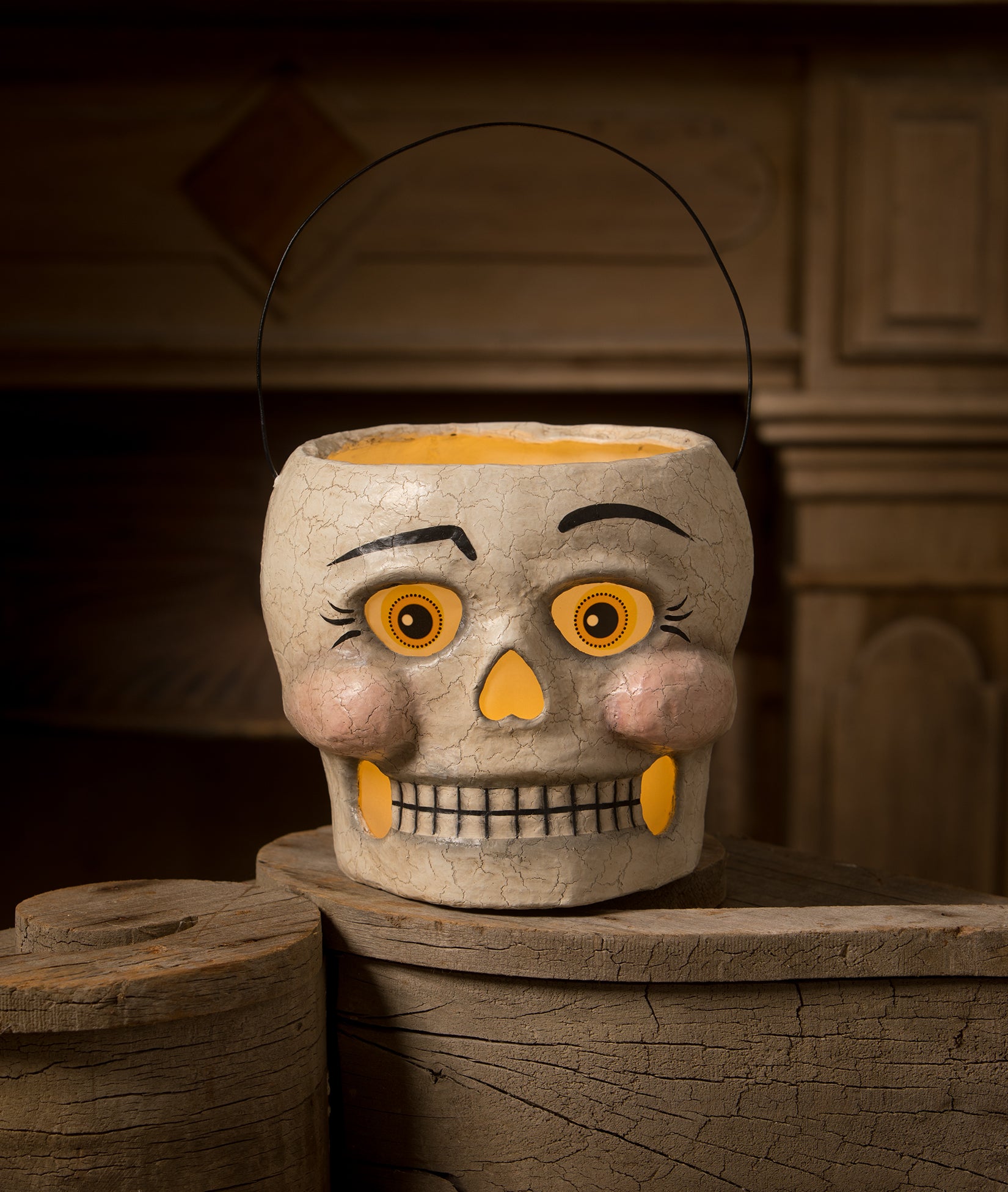 Silly Skelly Bucket, Paper Mache Halloween Decor by Bethany Lowe
