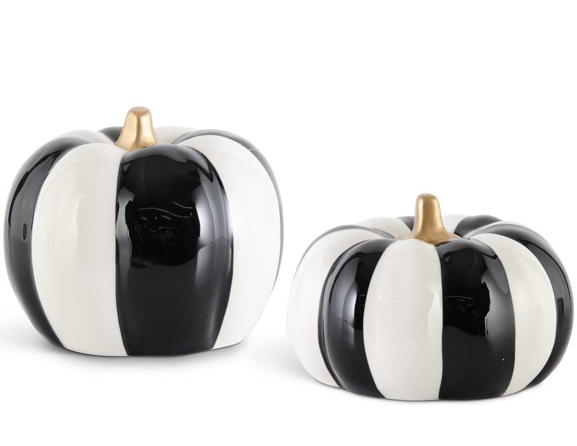 Black & White Striped Pumpkins with Gold Stems, Ceramic