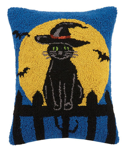 Black Cat in Witch Hat Hooked Pillow - Halloween