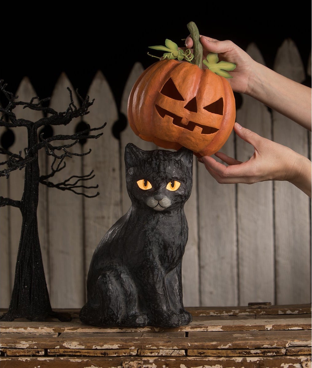 Black Cat Jack O'Lantern, Paper Mache Halloween Decorations