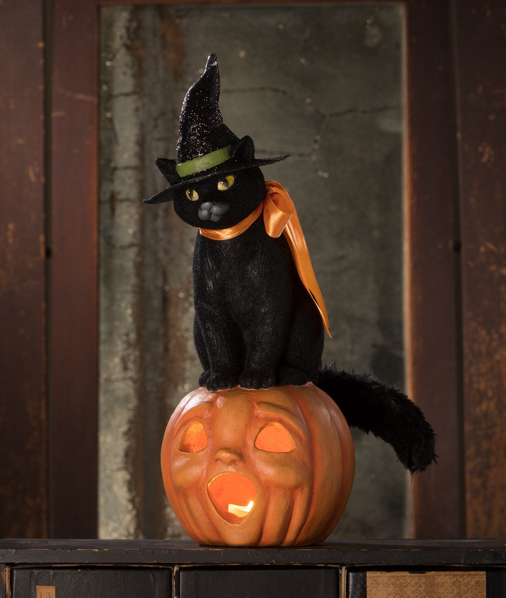 Black Cat Witch on Jack O'Lantern by Bethany Lowe