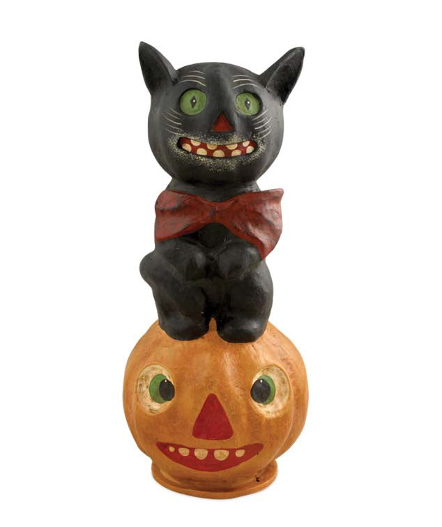 Black Cat with Bow Tie on Jack-O-Lantern Vintage Style Halloween Decorations