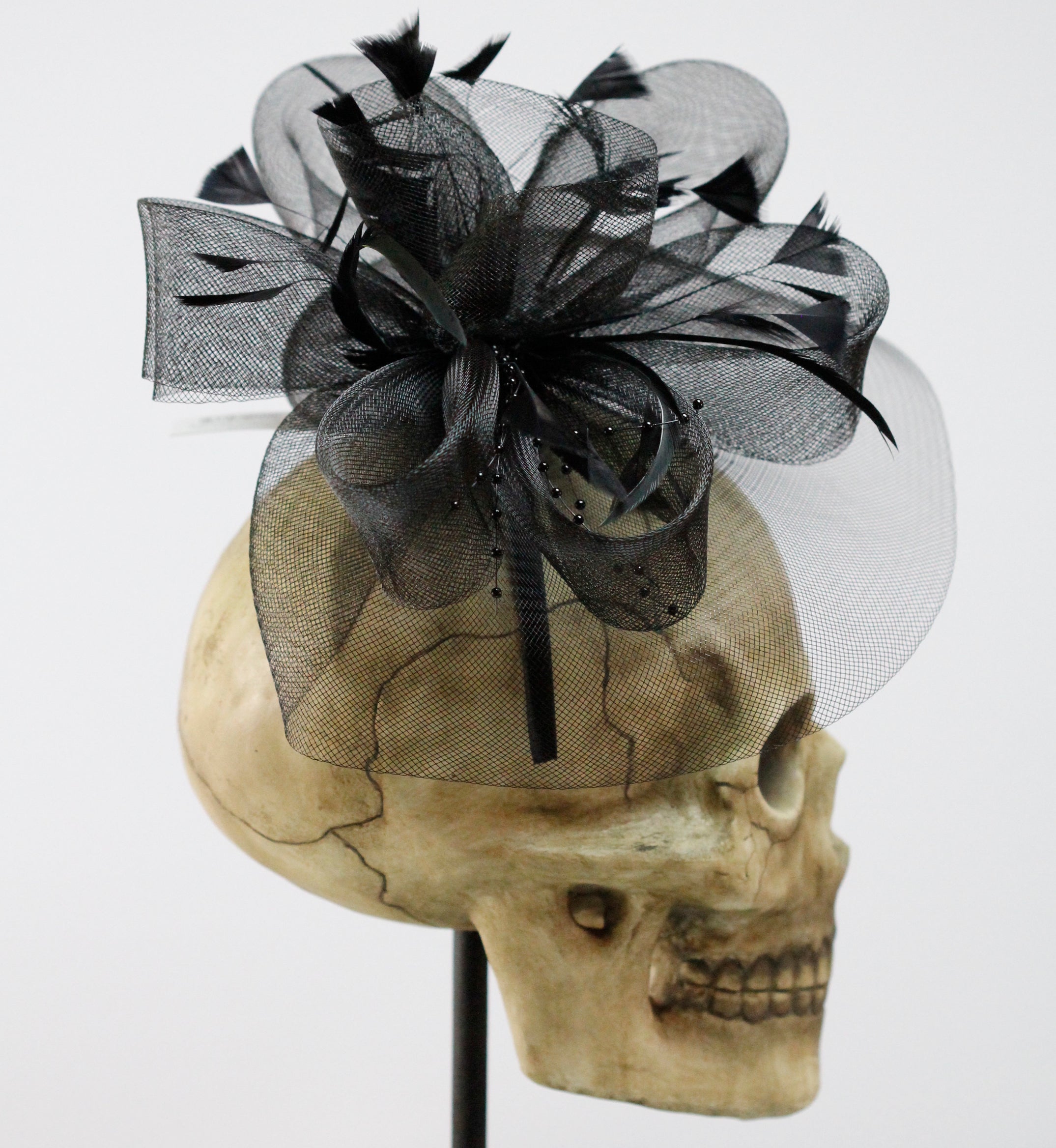 Halloween Opera Fascinator - Black Feather & Tulle Headband