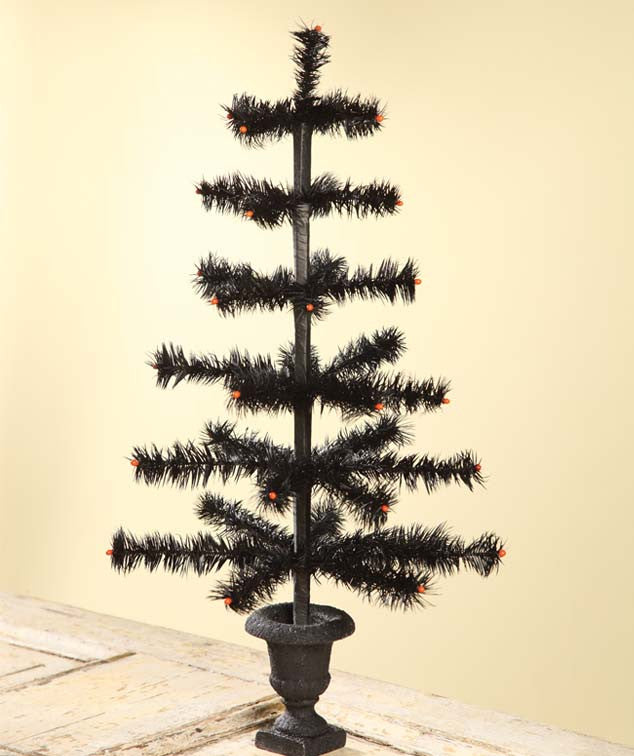 Black Feather Halloween Tree in Urn Base