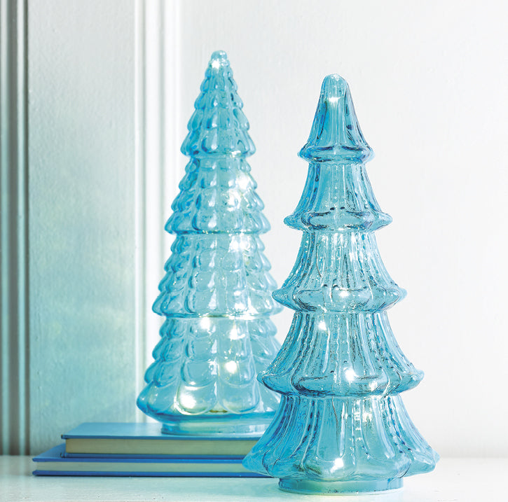 Blue Glass Trees with Lights, Aqua Christmas Decorations