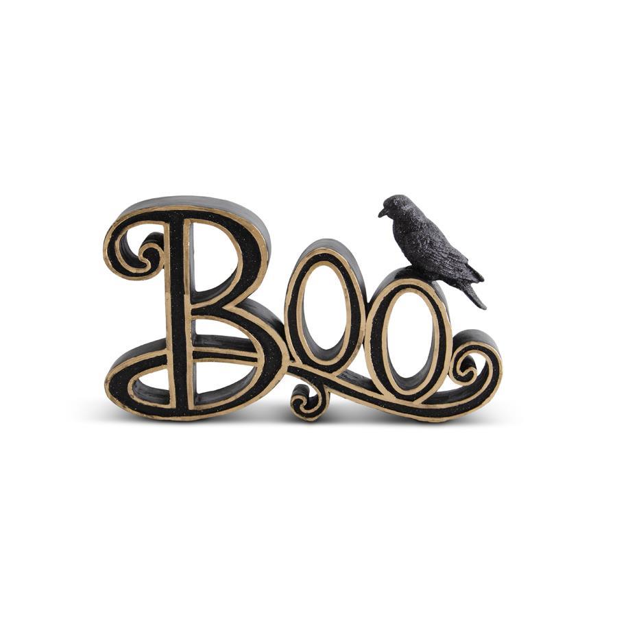 Boo Tabletop Sign with Crow, Black & Gold Word Sign