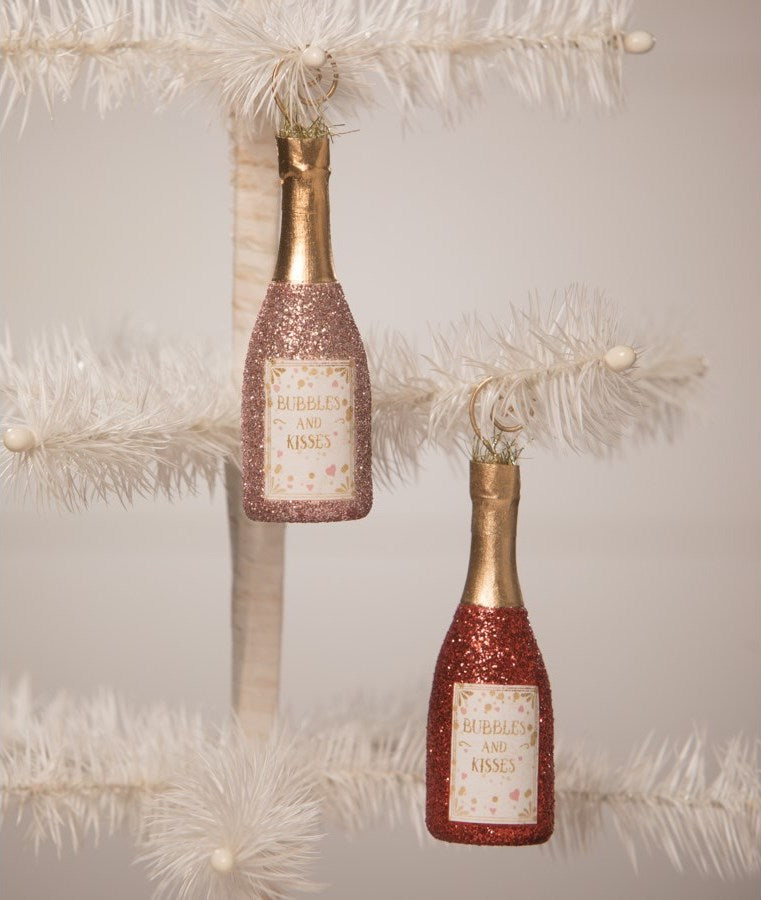 Bubble and Kisses Pink Champagne Ornaments