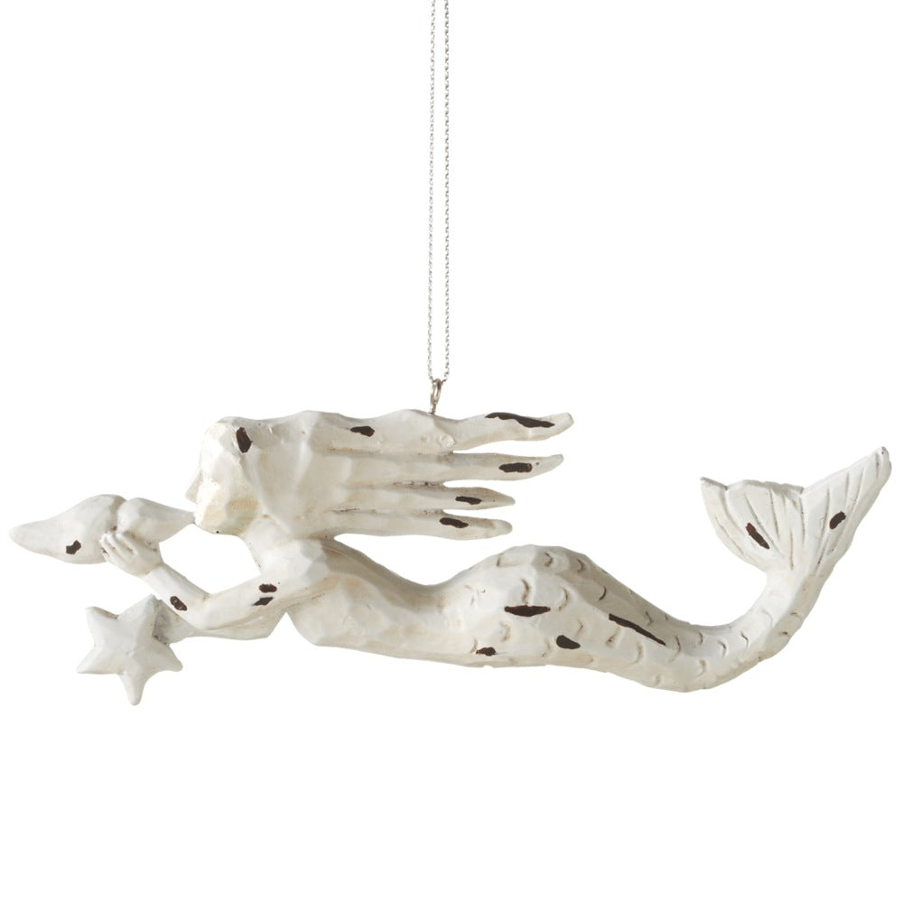 Carved White Mermaid Ornament - Antiqued