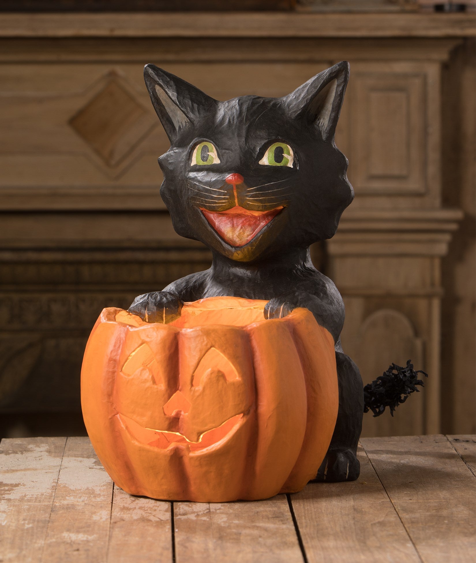Cat's Got Your Pumpkin made from paper mache