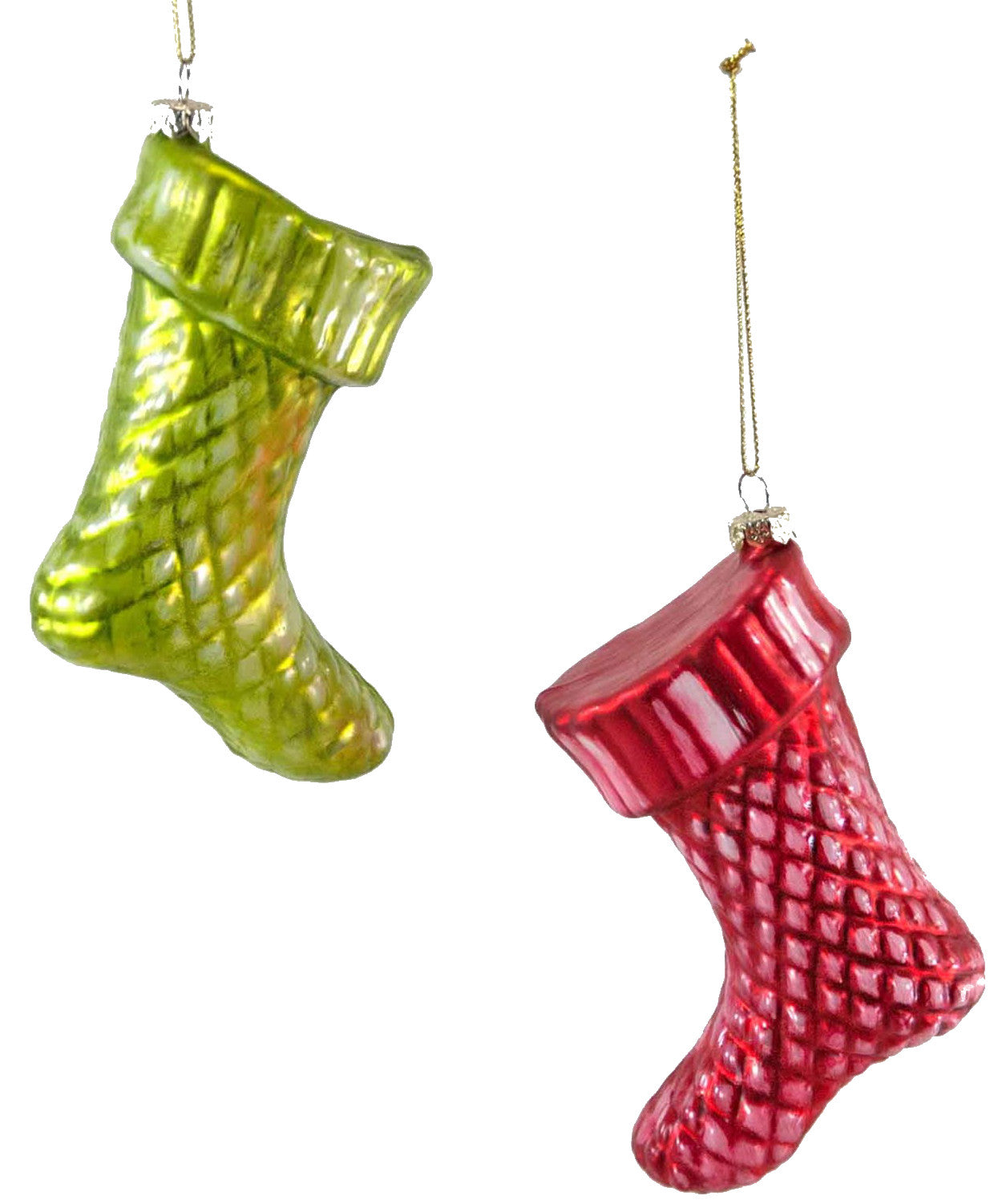 Quilted Stocking Ornaments, red and green glass