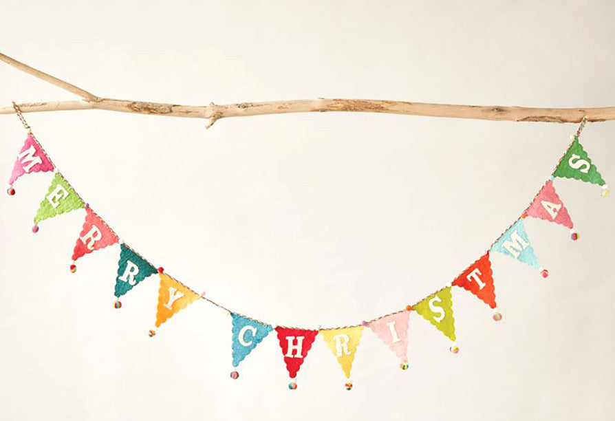 Colorful Felt Merry Christmas Banner Garland with Pom Poms