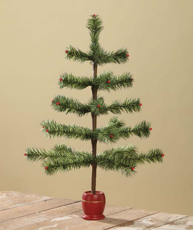 Dark Green Feather Tree with Red Spool Base
