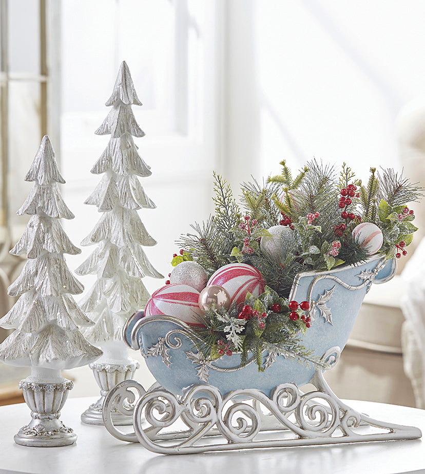 Elegant Blue Sleigh with Silver Ivy  Pastel Christmas Decorations 