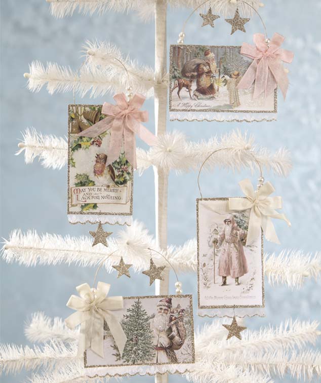 Embellished Postcard Ornaments - Vintage Pastel Christmas