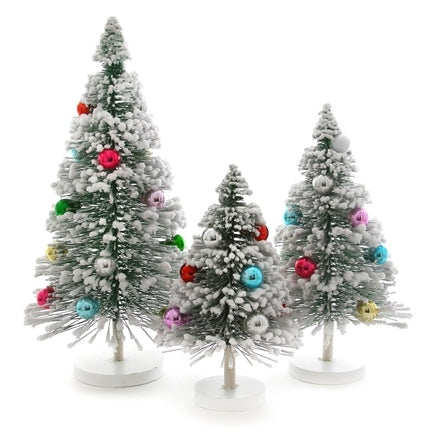 Snowy Flocked Bottle Brush Trees with Multi Color Balls