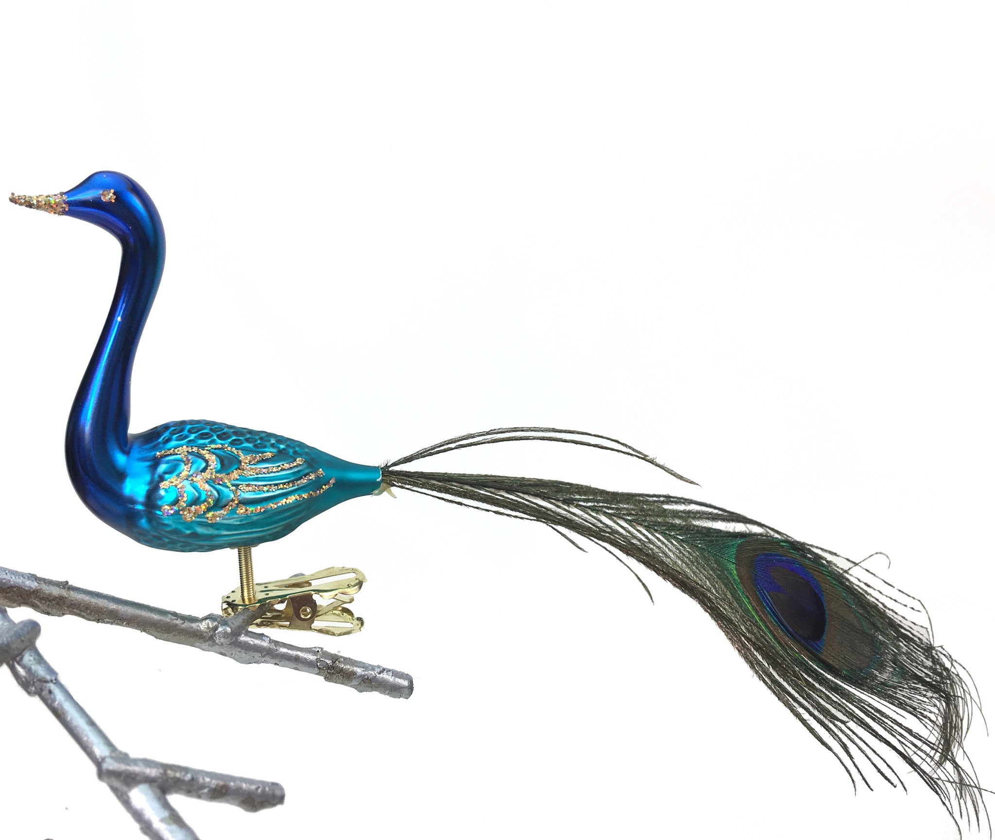 Glass Peacock Clip-On Ornament with Feather Tail