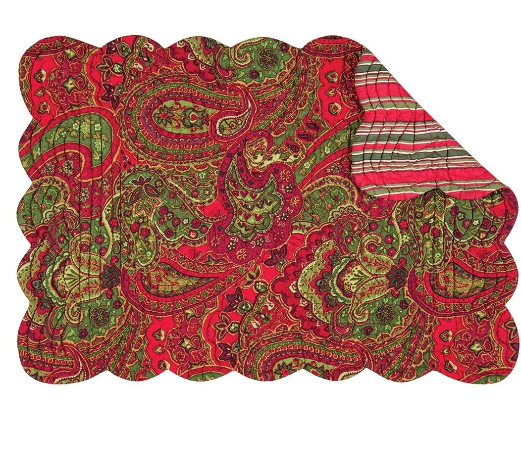 Gloria Quilted Christmas Placemats - Red & Green Paisley & Stripe