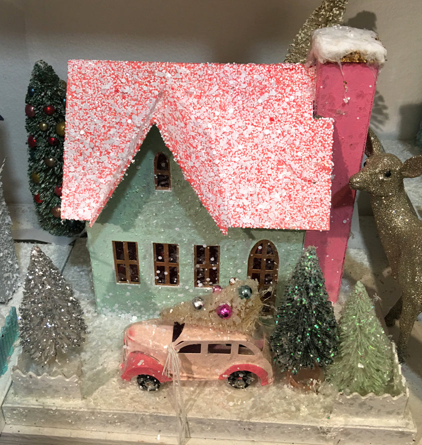 Green & Pink Putz House with Car