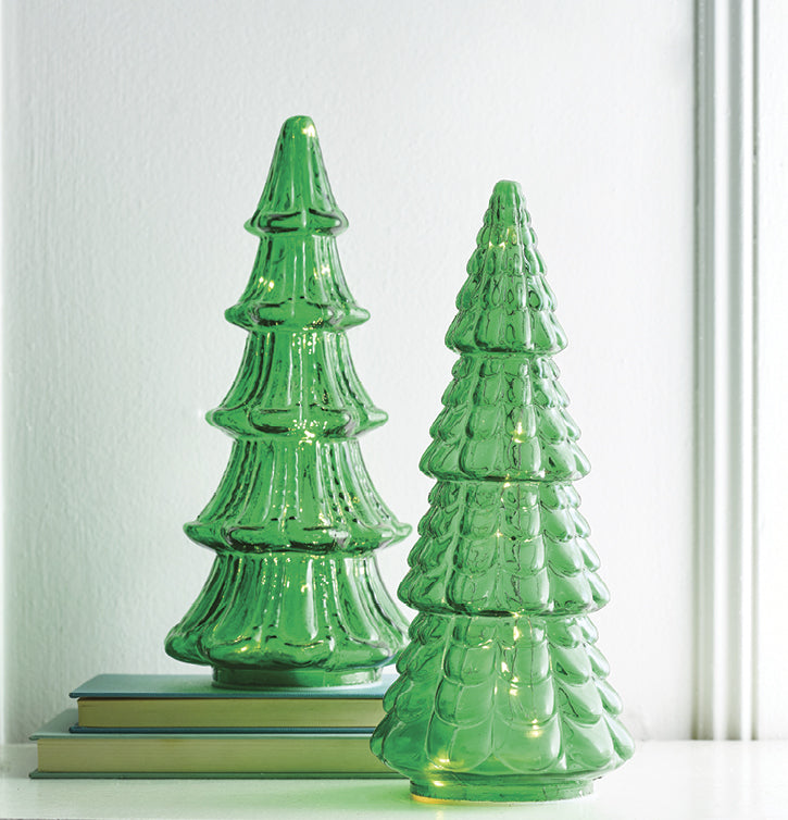 Patterned Green Glass Trees with Lights