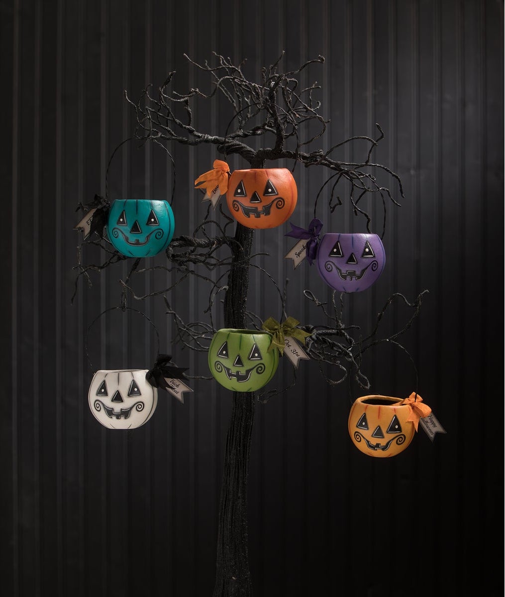Halloween Tree Decorated With Colorful Pumpkin Buckets