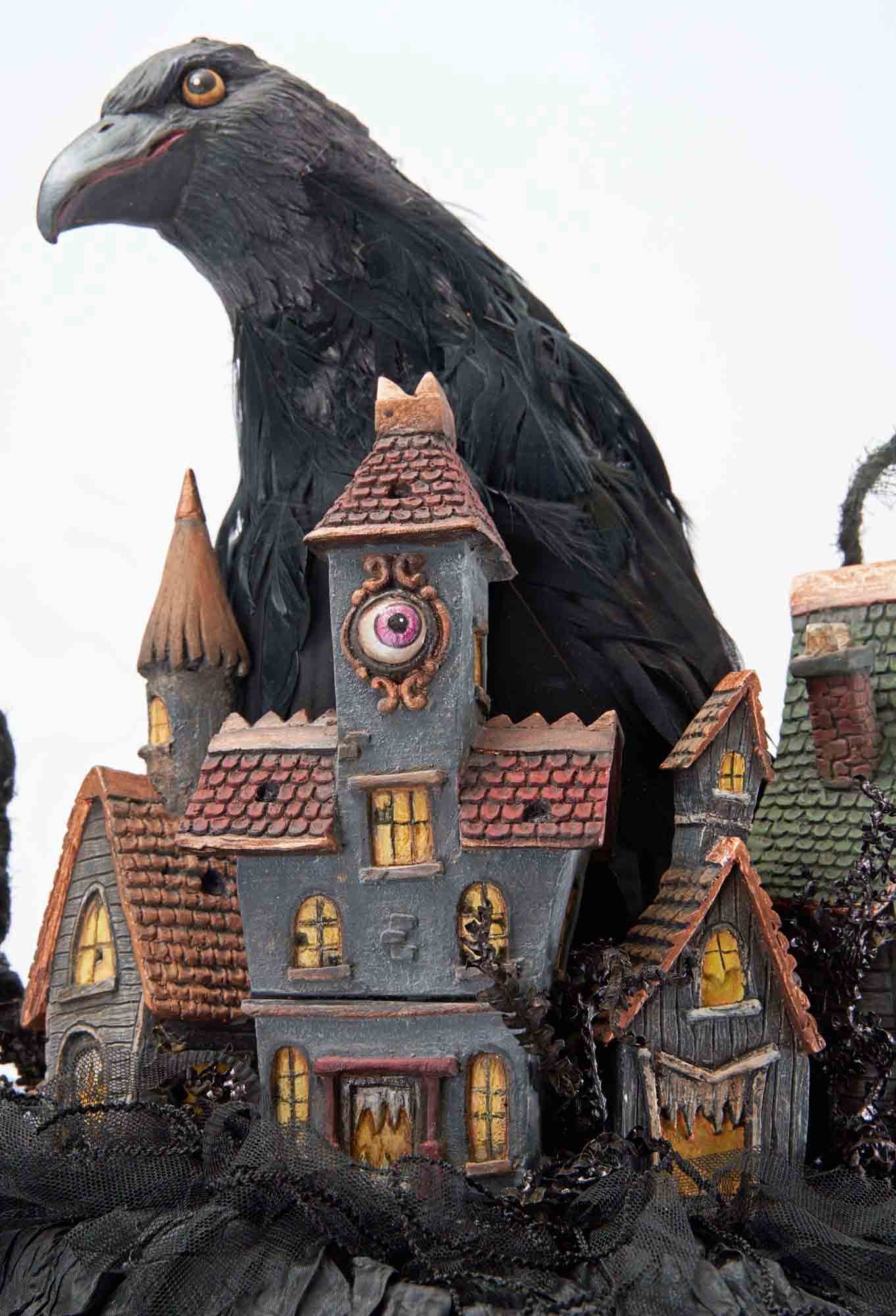 Witch Hat with Halloween Village and Raven