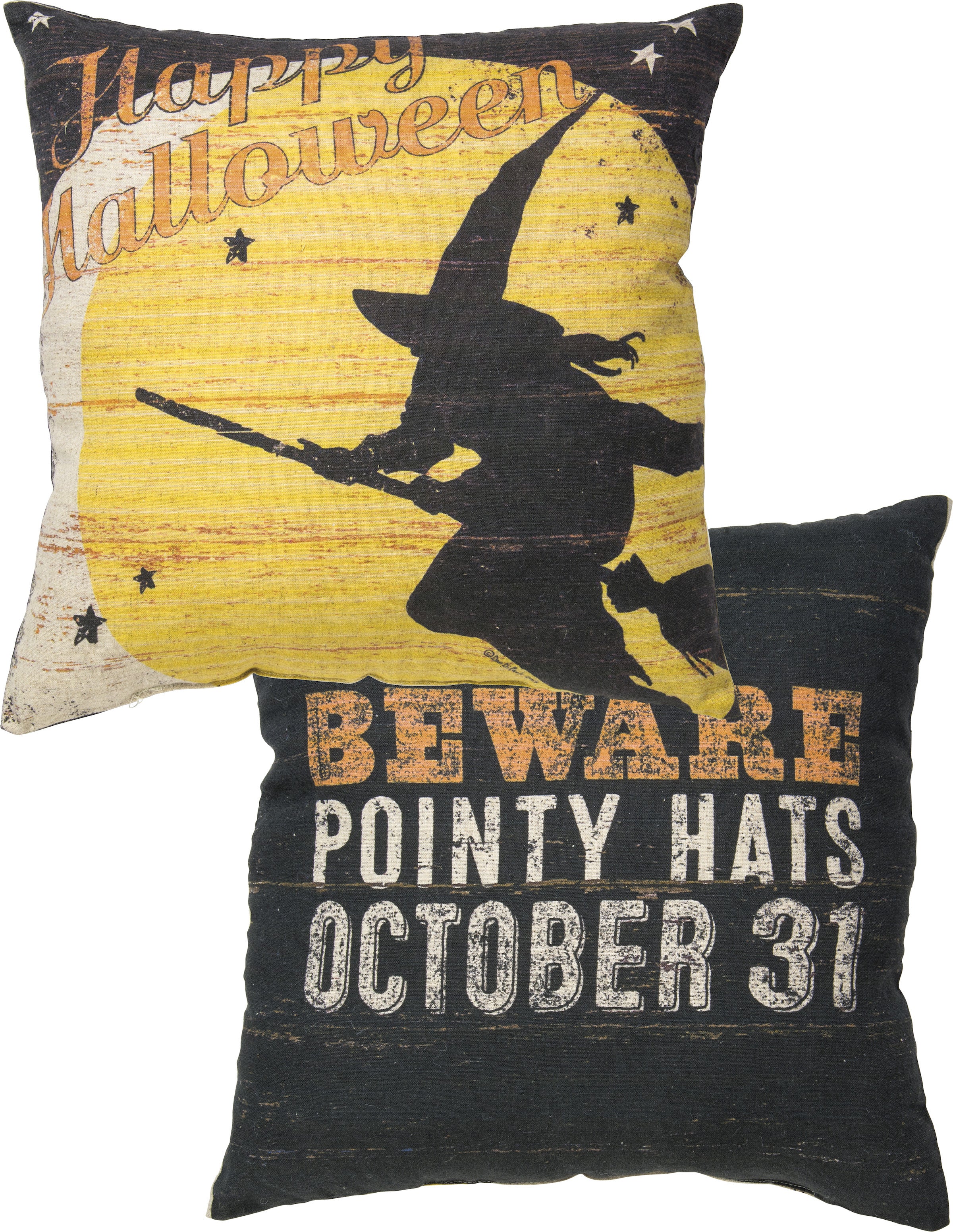 Happy Halloween Flying Witch Pillow - Beware of Pointy Hats Oct 31st