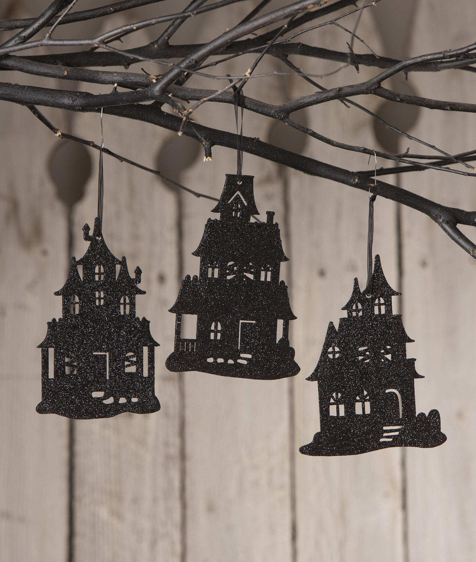Haunted House Silhouette Ornaments with Black Glitter