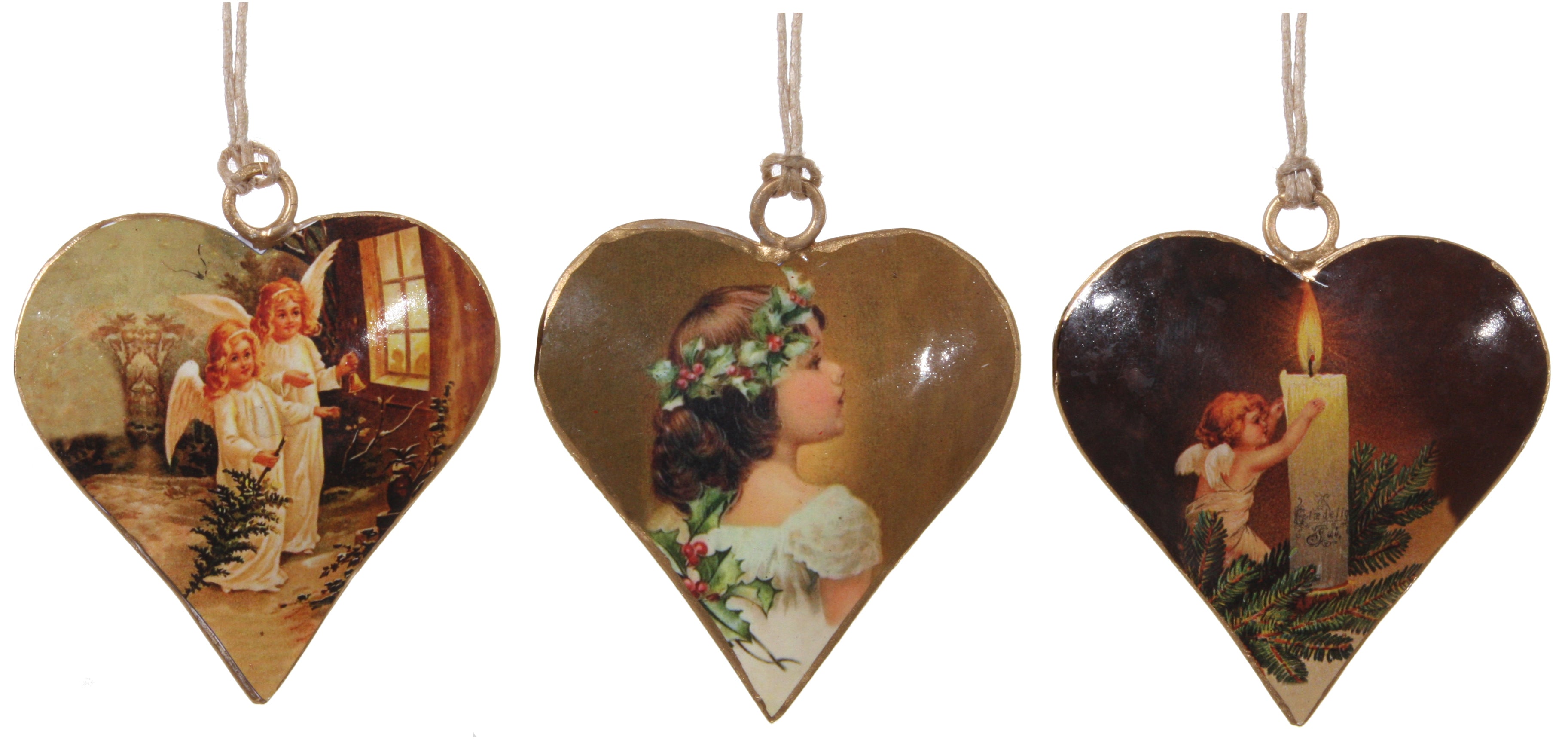 Victorian Christmas Angels Heart-Shaped Ornaments, Metal