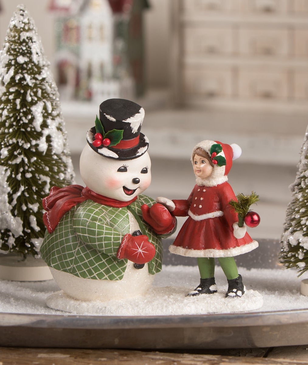 Hello Old Friend, Retro Snowman & Girl Figurine