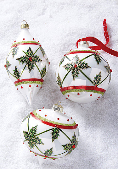 Jeweled Holly Glass Ornaments, white, red, green