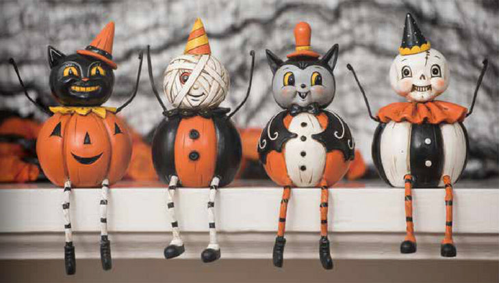 johanna Parker Halloween Shelf Siteres, Cat, Mummy, Bat & Skeleton