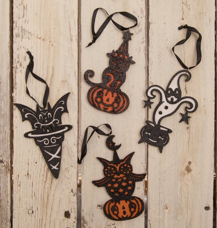 Johanna Parker Halloween Character Ornaments, Bat, Cat, Ghost, Owl
