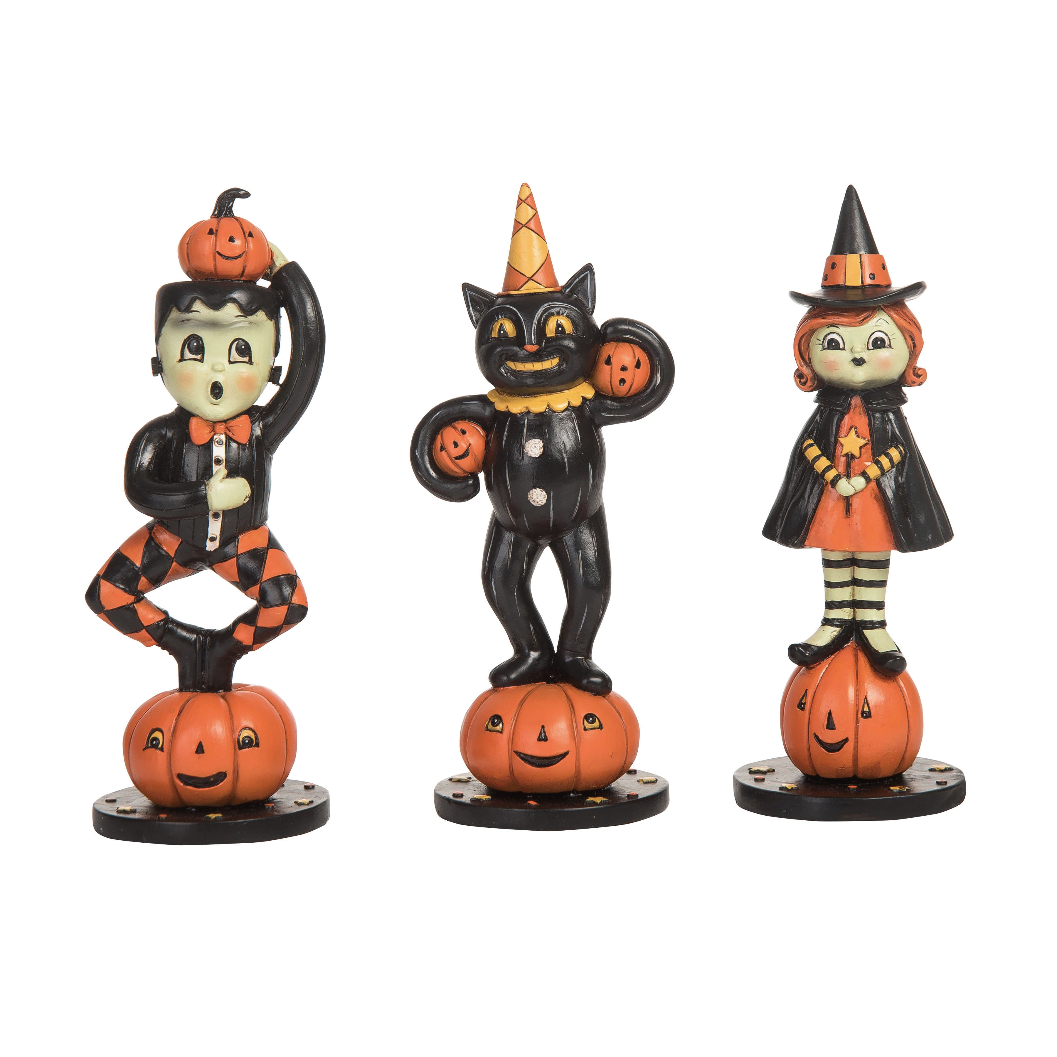 Johanna Parker Halloween Figurines; Witch, Black Cat & Frankenstien Monster