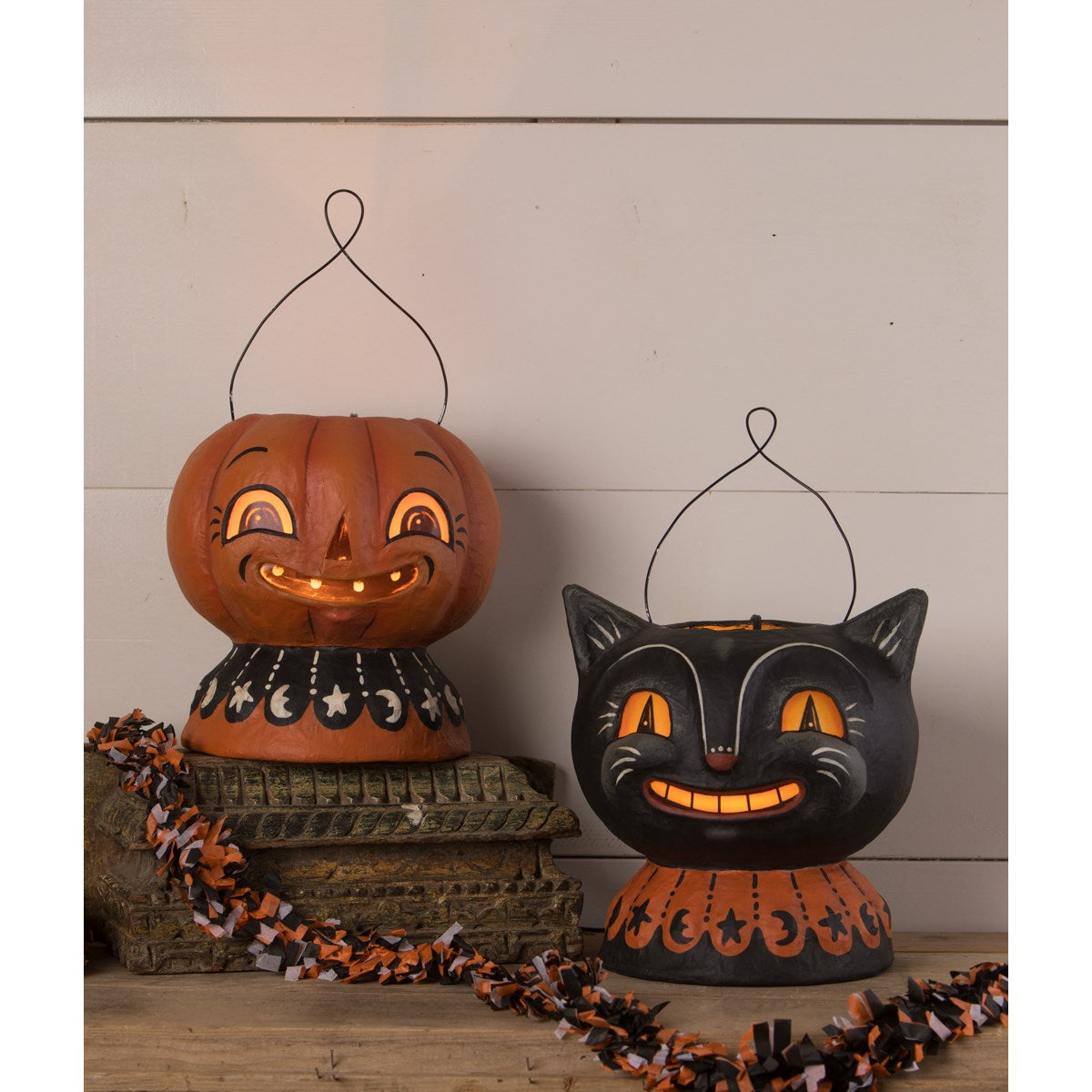 Johanan Parker Halloween Paper Mache Lanterns, Cat & Pumpkin