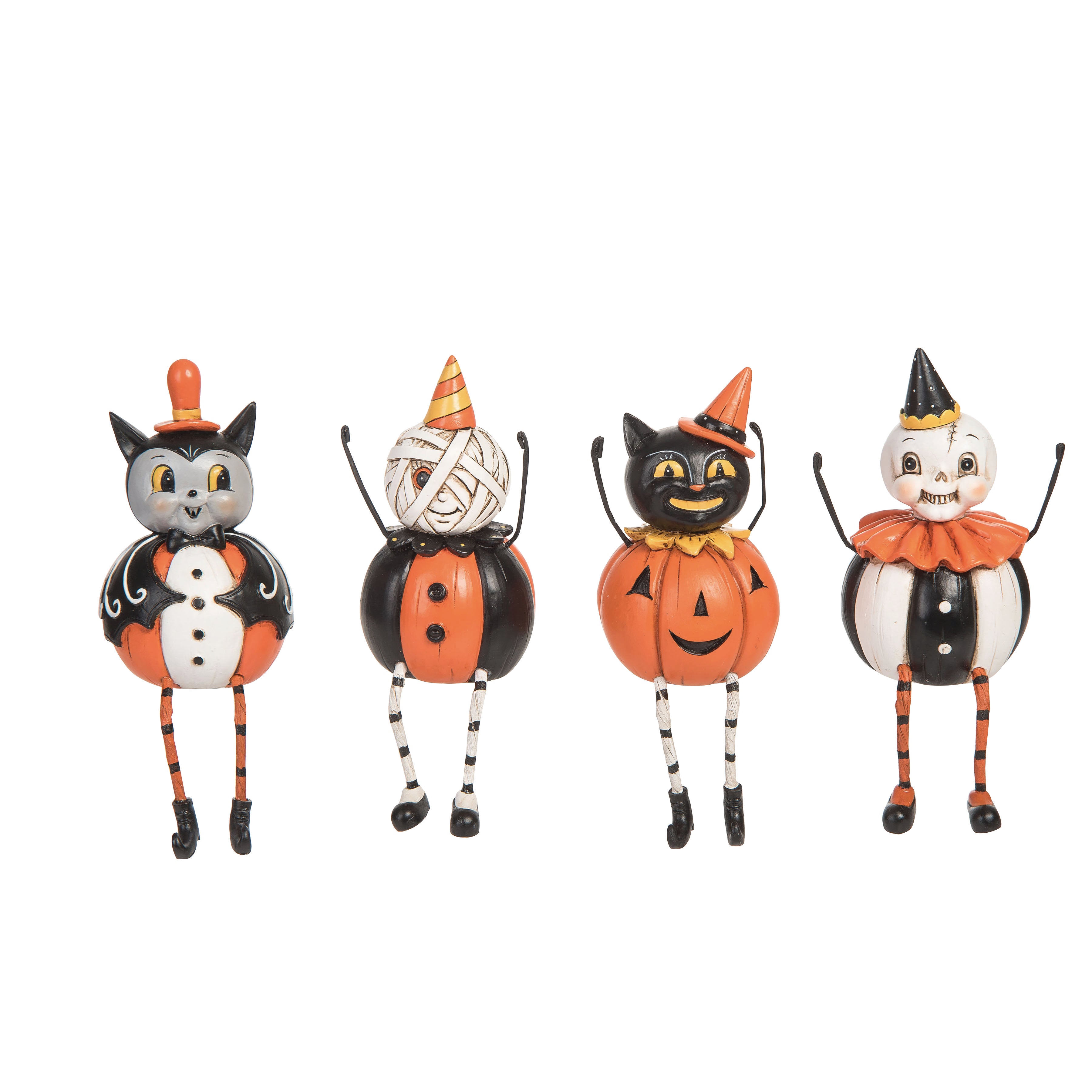 Johanna Parker Halloween Self Sitter Figurines. Bat, Cat, Mummy, Skeleton.