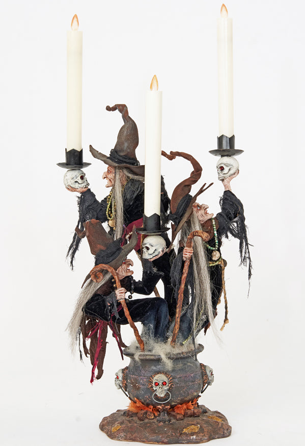 Katherine's Collection 3 Witches Candelabra Shown with Candles