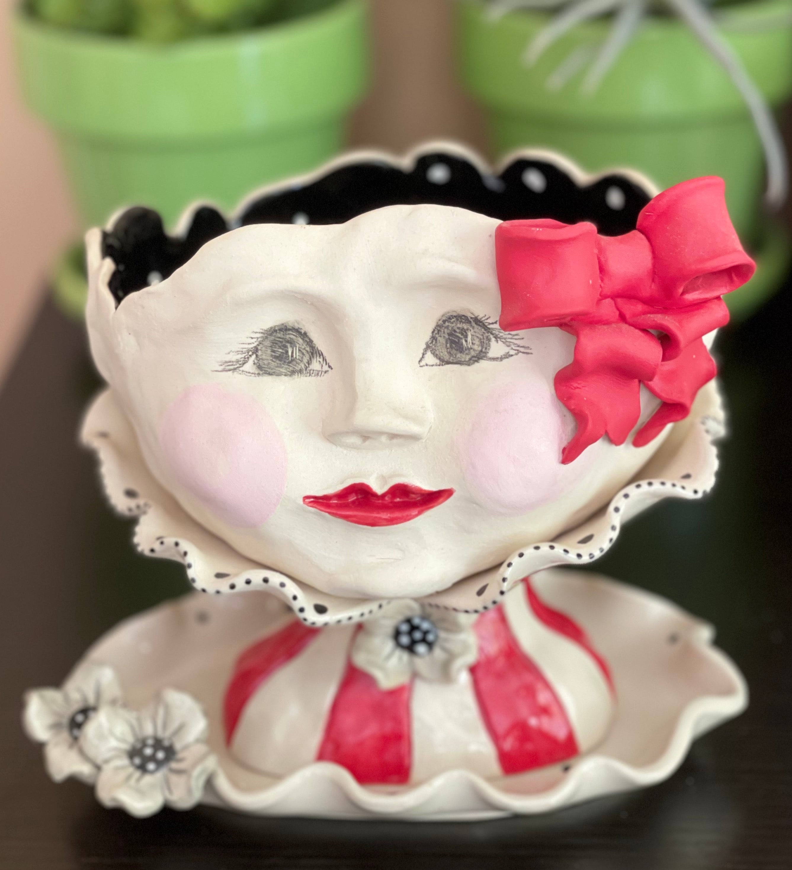 Lady Head Art Pottery Planter with Tray, Red Bow