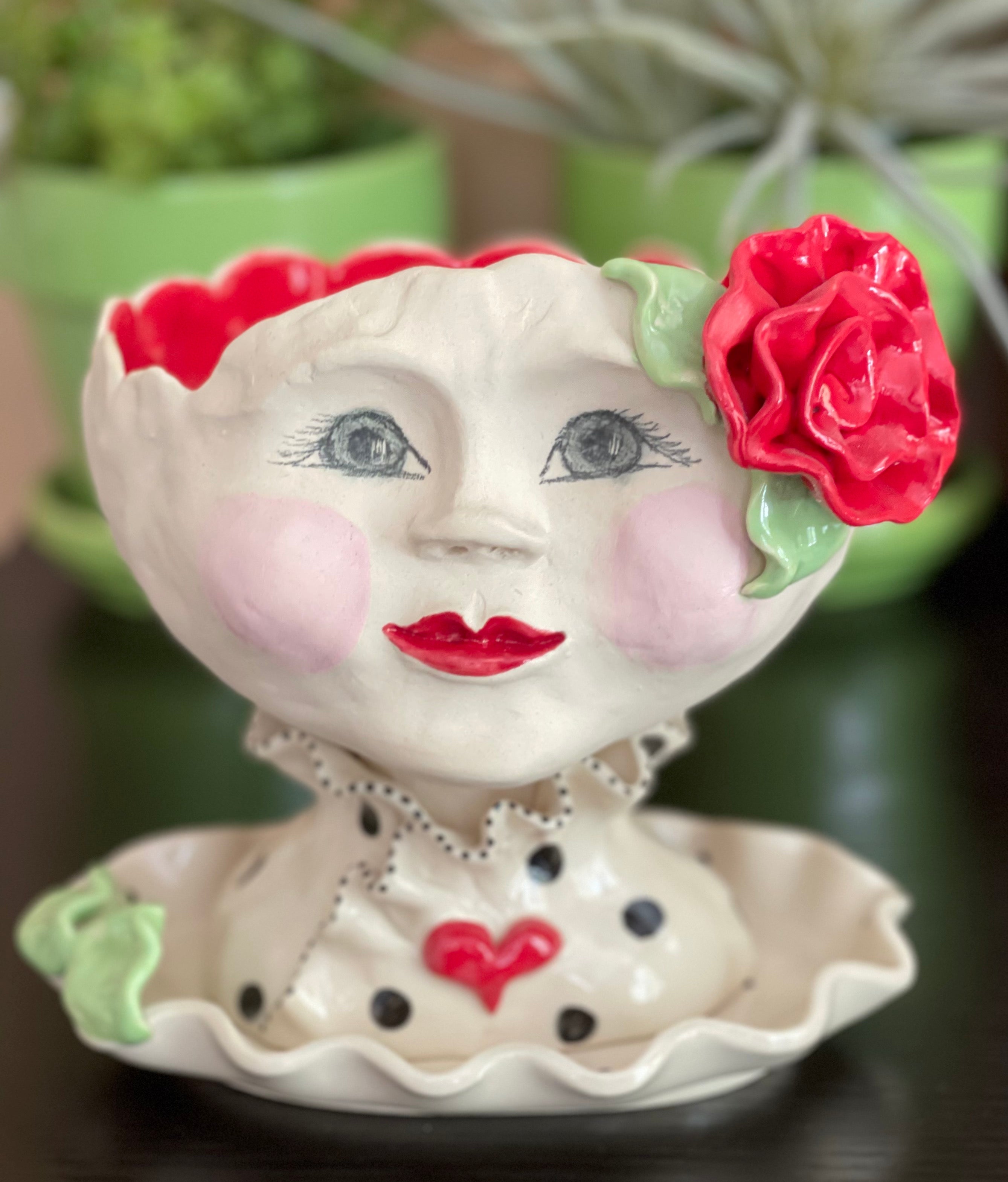 Lady Head Art Pottery Planter with Tray, Mellow Red