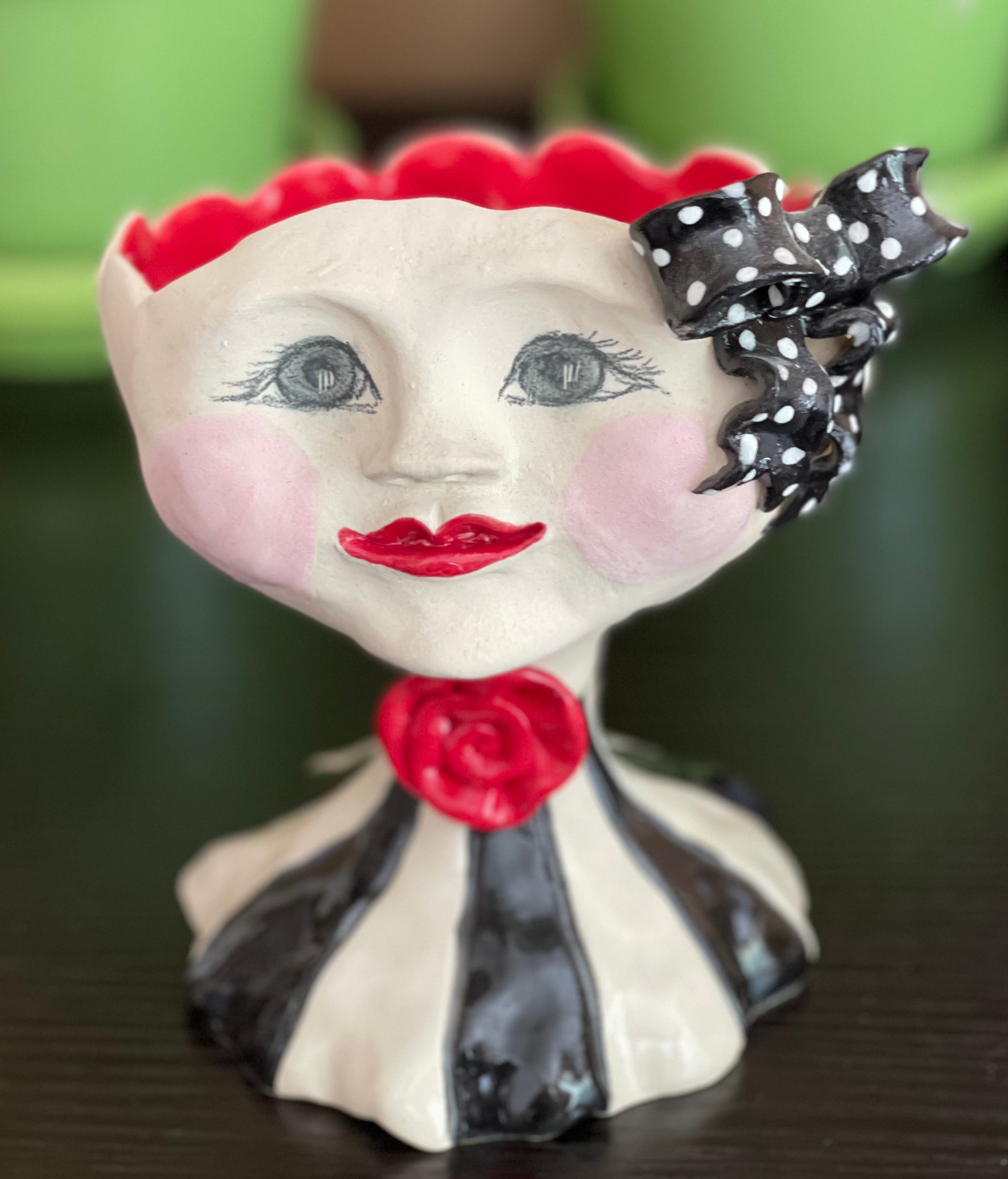Lady Head Art Pottery Container, Midnight Bow Planter