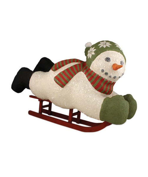 Large Paper Mache Winter Frolic Snowman on Sled - TheHolidayBarn.com