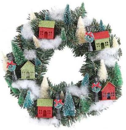 Christmas Glitter Village Wreath with Putz Houses, Trees and Lamp Posts