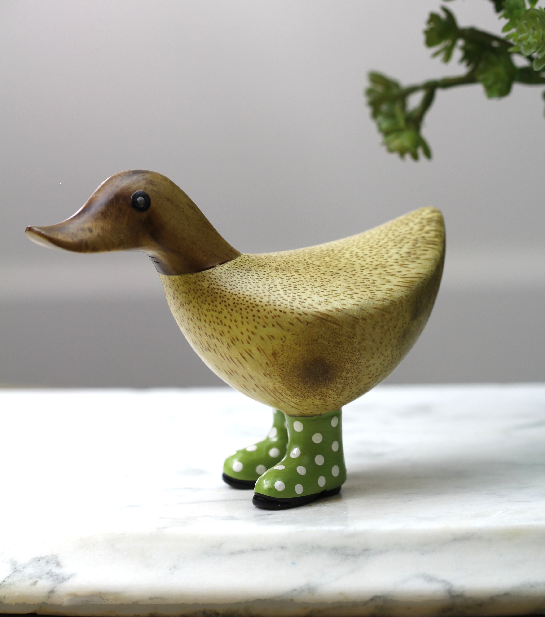 Wooden Duck with Green Welly Boots, Small