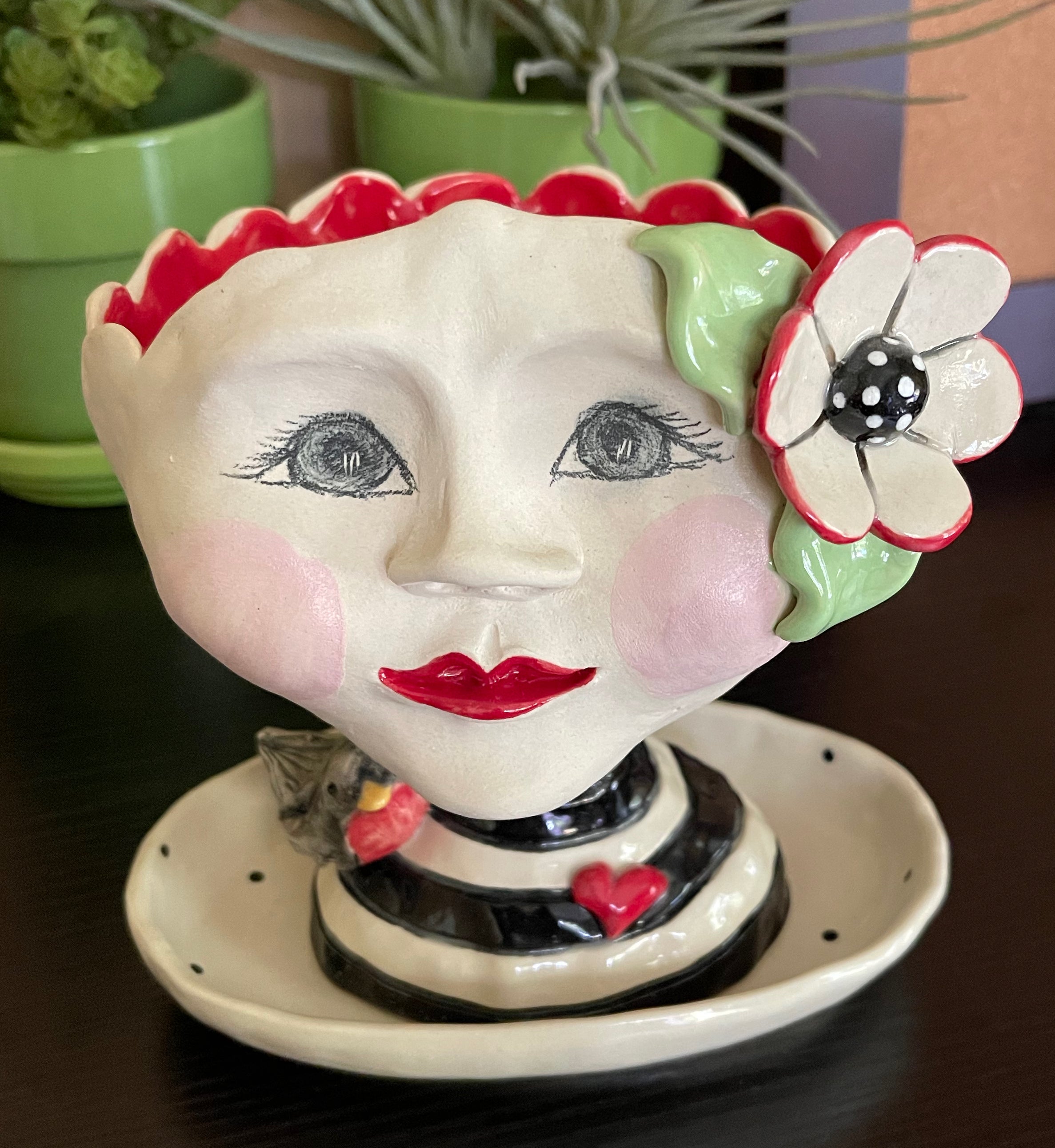 lady head planter pot Love Bird Lady Head Art Pottery Planter with Tray | Unique Gift
