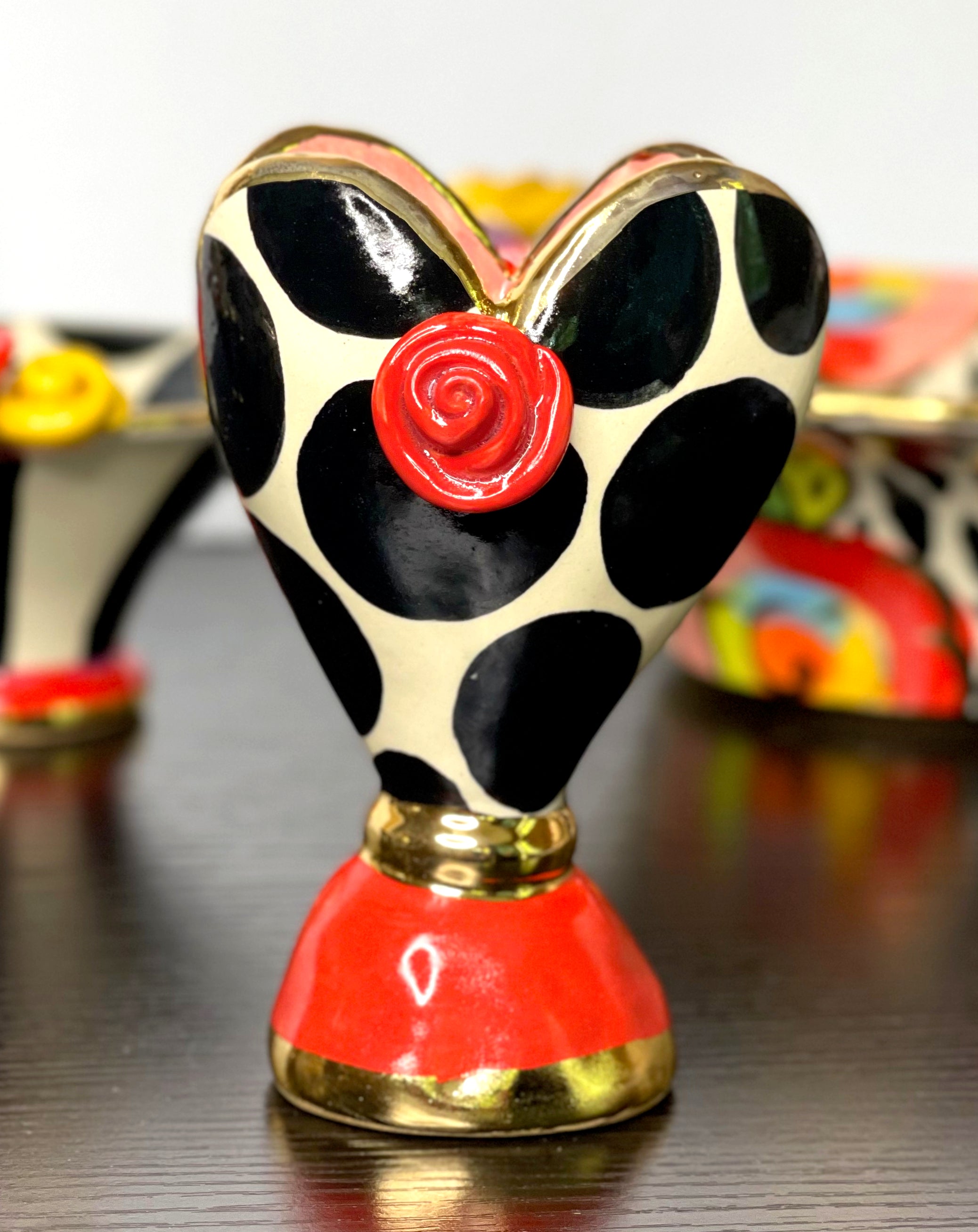 Mary Rose Young Heart Vase with Black Polka Dots and Red Roses