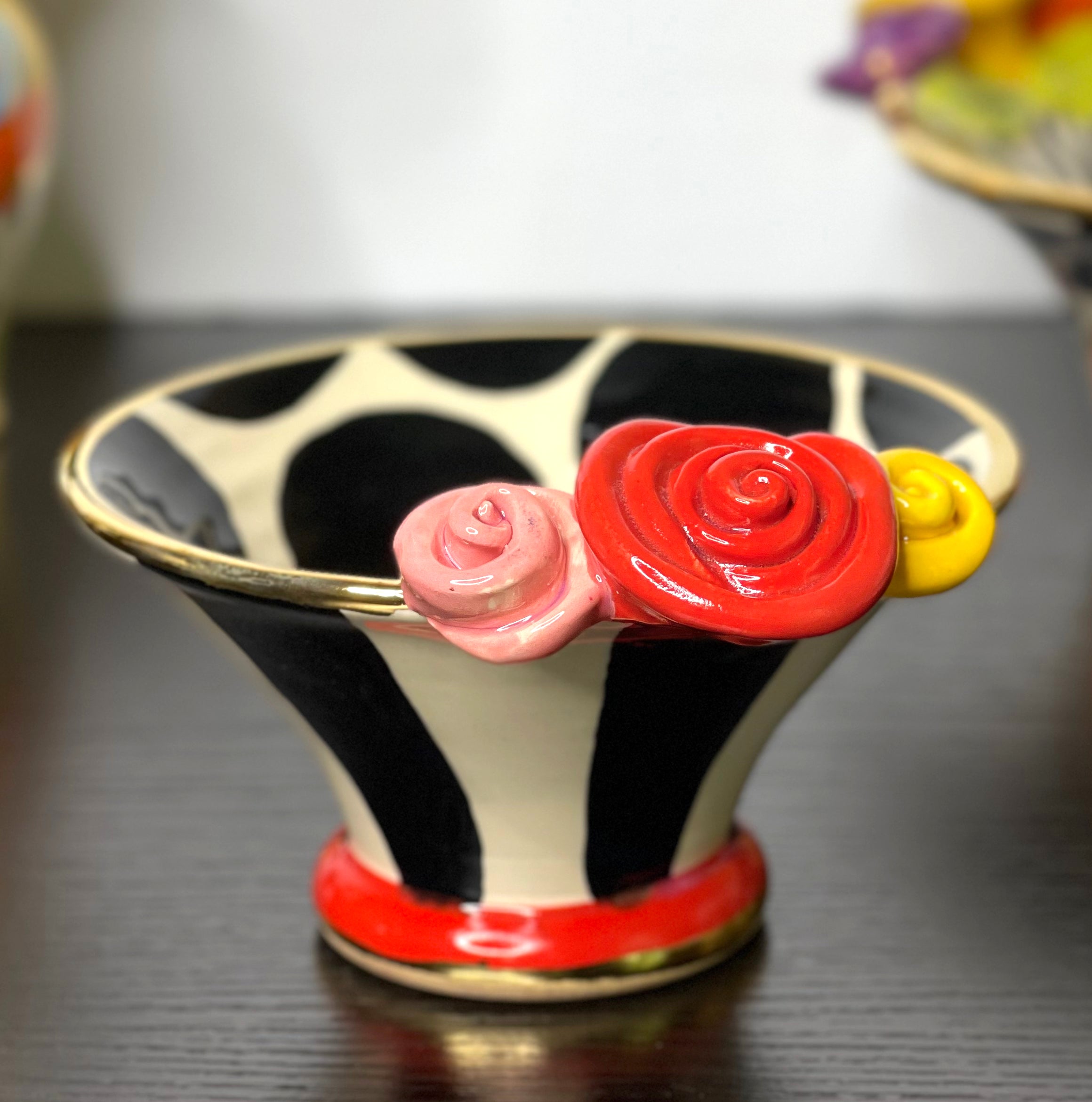 Mary Rose Young Pottery Little Rose Bowl with polka dots, stripes and colorful flowers