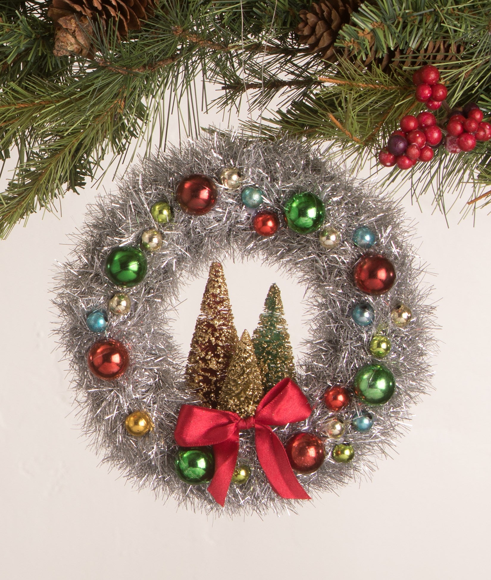 Merry & Bright Tinsel Wreath with Trees by Bethany Lowe