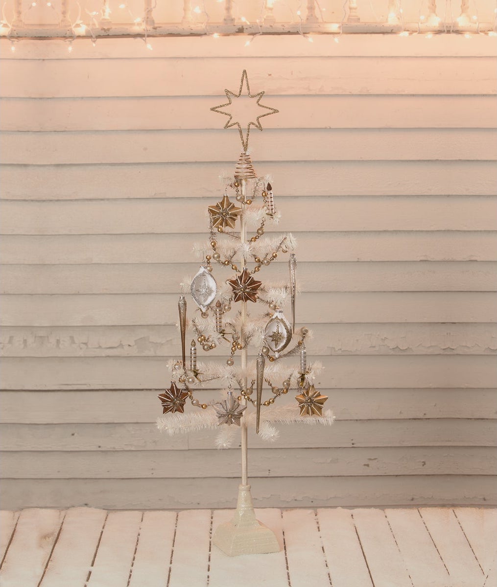 Old Gold Moravian Star Wire Tree Topper Shown on Feather Trees Decorated in Neutral Colors