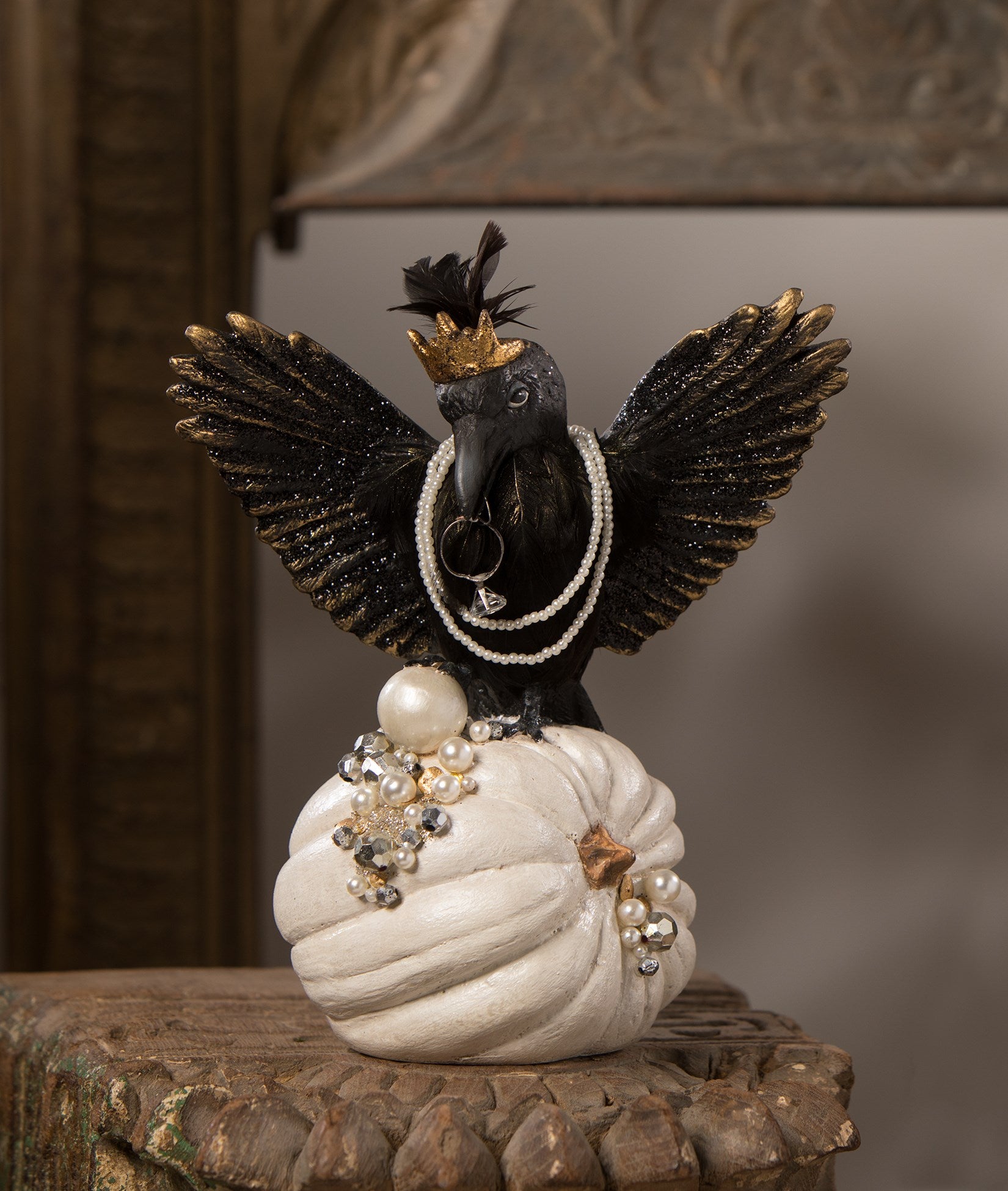 Miss Croella Caw, Crow on Pumpkin by Bethany Lowe